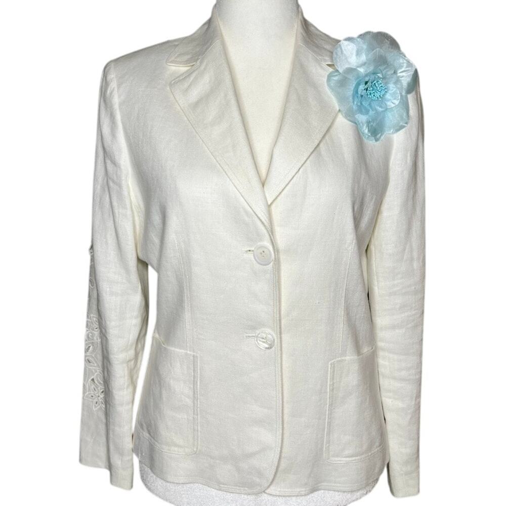 Kasper Womens Linen Blazer Vtg White 10 Floral Cut Out Mothers Spring Graduation